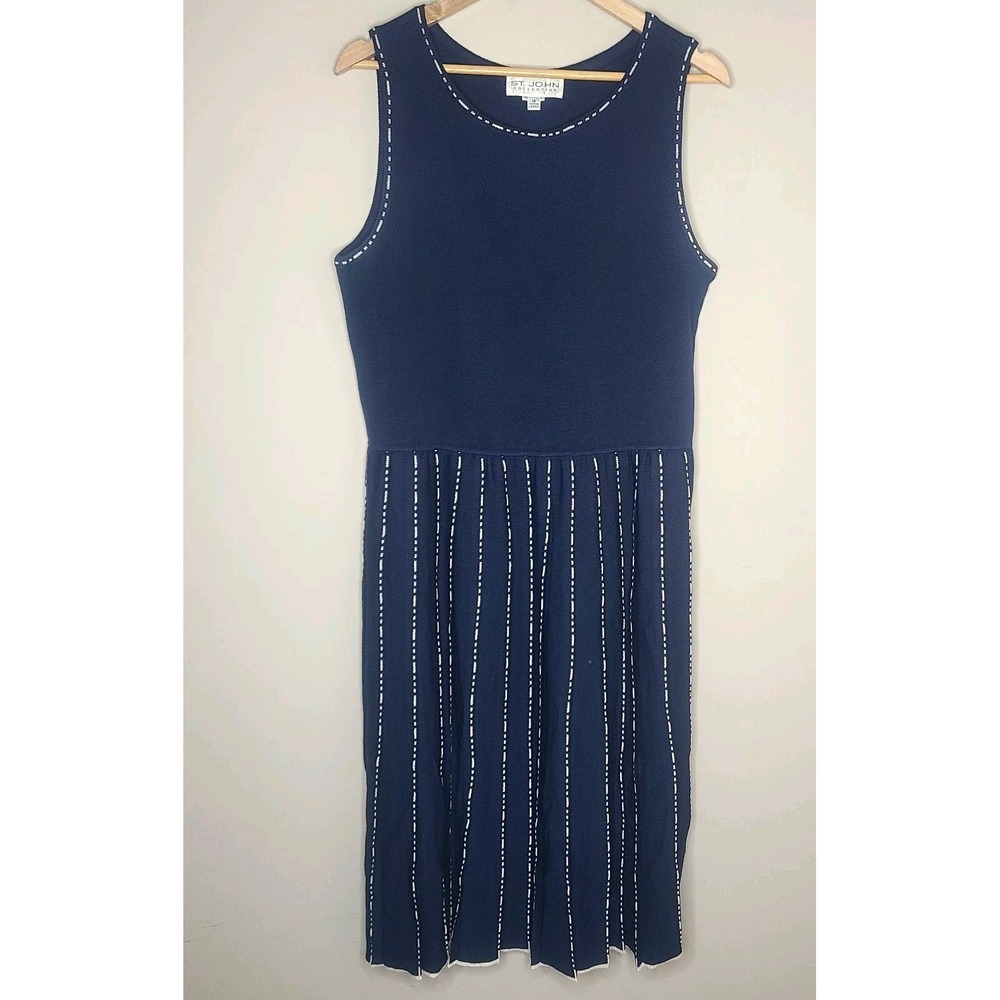 St John Collection Sleeveless Knit Fit & Flare Pleated Skirt Dress Blue White 14